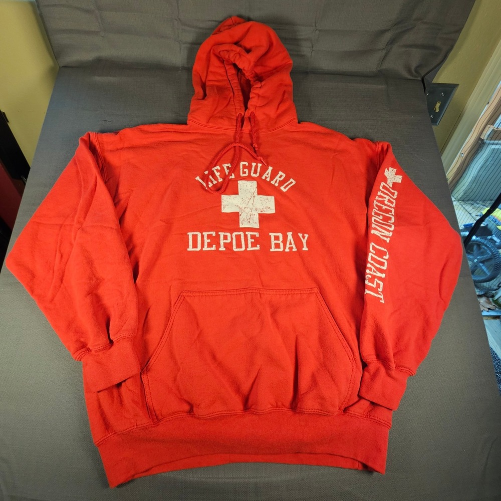 Gildan Heavy Blend Life Guard Depoe Bay Oregon Coast Red Hoodie Mens XL